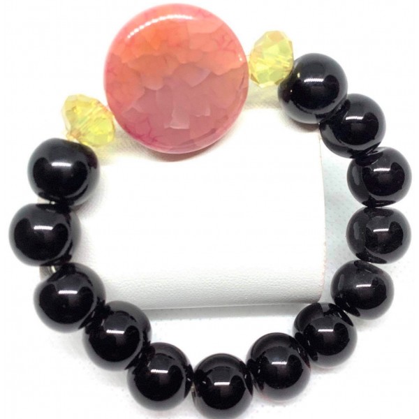 Black Tourmaline with Agate Round Shape Gemstone Bracelet