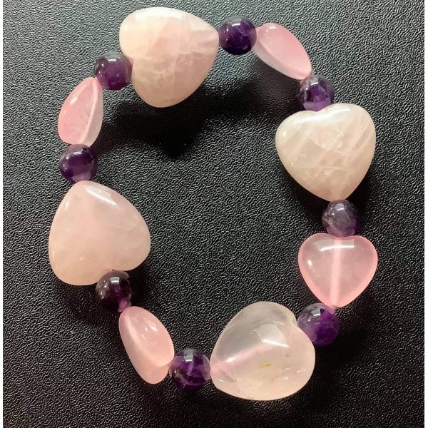 NEW: Rose Quartz Heart Charms with Amethyst Gemstones Bracelet