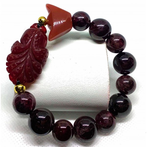 Garnet Gemstone with Ruby Pakchoi and Ingot Bar Charms Bracelet