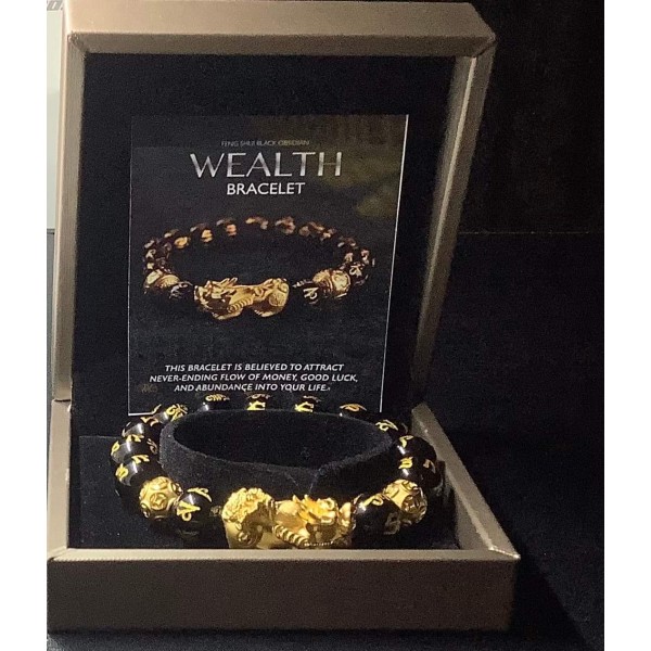 NEW: 24karat GOLD 2.5grams Wealth PI YAO with 24karat GOLD 2.1grams Money Balls in Black Obsidian Bracelet