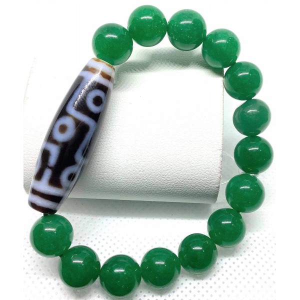 Imperial Jade Gemstone with 9-eyed DZI Bead Lucky Charm Bracelet