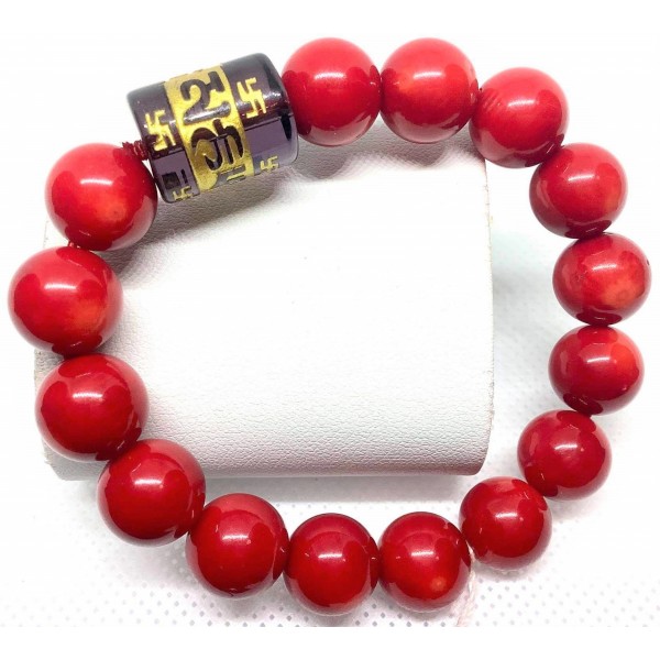 Coral Gemstone with Black Mantra Bar Lucky Charm Bracelet