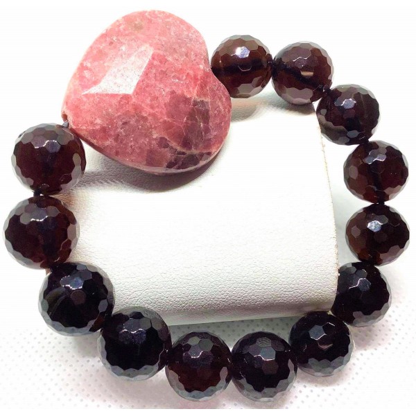 Smokey Quartz and Red Agate Heart Shape Gemstones Bracelet