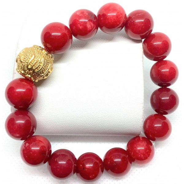 Coral Gemstone with Gold Plated Money Ball Charm Bracelet