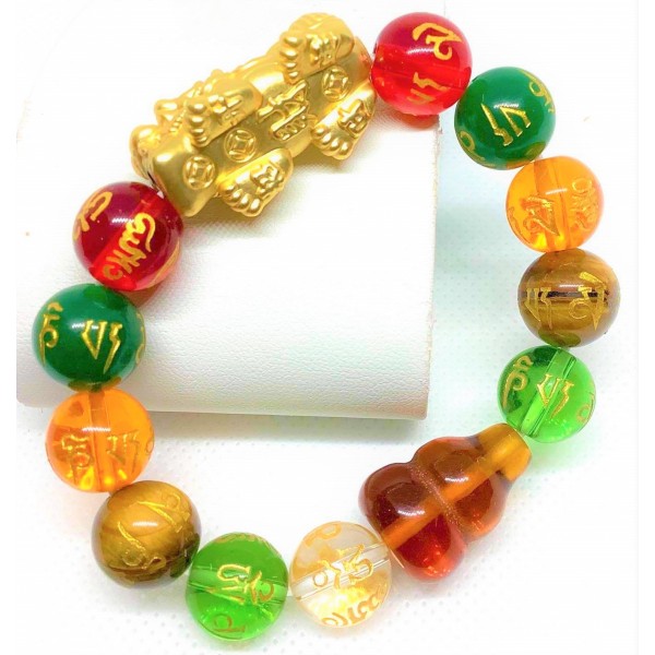 Assorted Mantra Gemstone with Gold Plated Wealth Pi Yao and Ruby Wu Lou Charms  Bracelet