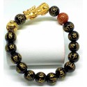 Black Mantra and Money Gemstones with Gold Plated Wealth Pi Yao and Rat Charms Bracelet