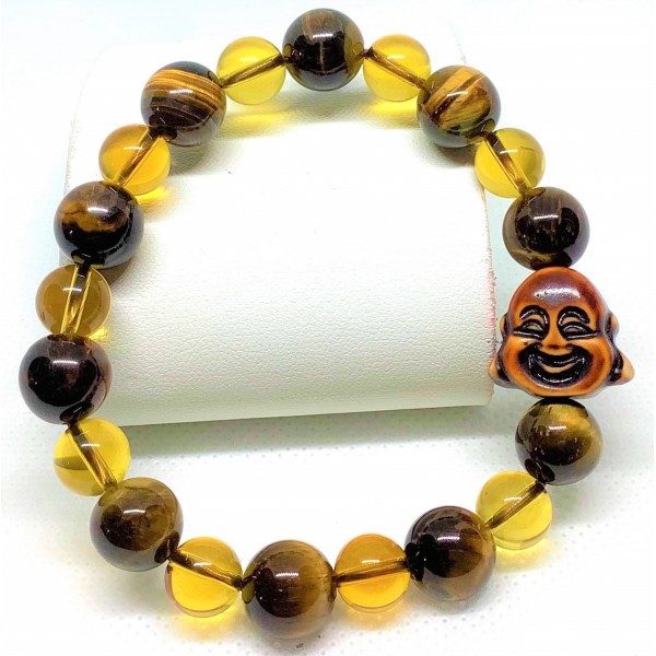 Tiger's Eye and Citrine Gemstones with Laughing Buddha Lucky Charm Bracelet