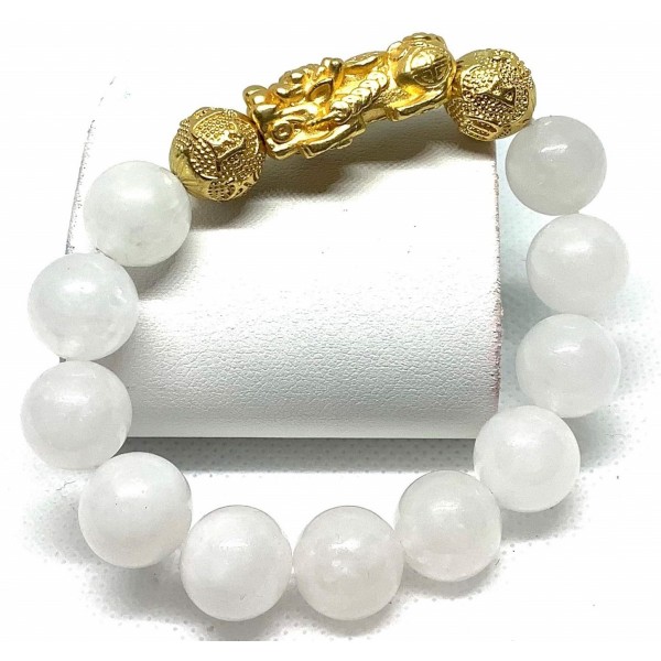 White Jade Gemstones with Gold Plated Pi Yao Lucky Charm Bracelet